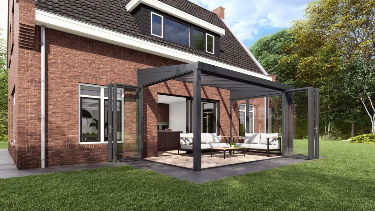 Slide and tilt glass doors on a grey aluminium veranda attached to a Dutch-style brick home with open garden view